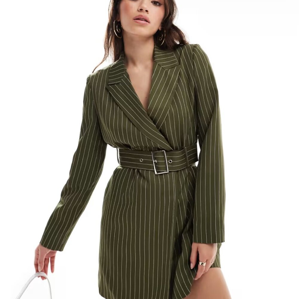 💜 NWT Extro & Vert Belted Mini Blazer Dress (Green w/ Khaki Stripes) - Picture 2 of 7